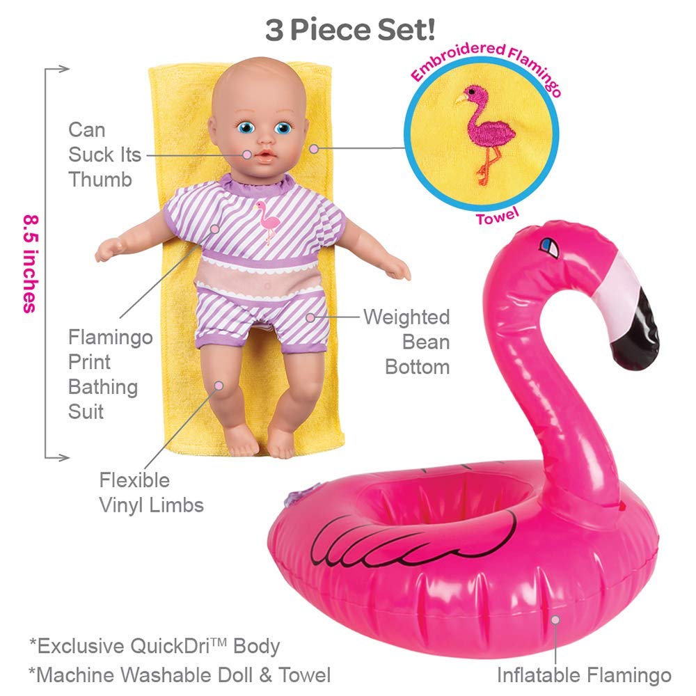 Adora Splash Time Babies Collection  8.5  Baby Doll with Sweet Baby Smell  enhanced QuickDri Vinyl and Machine Washable  Includes Clothes and Accessories  Birthday Gift For Ages 3+ - Fun Flamingo