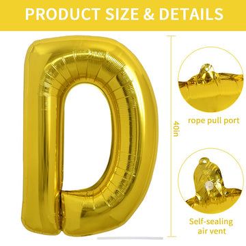 Toniful 40 Inch Large Gold Letter D Balloons Helium Balloons,Foil Mylar Big Balloons For Birthday Party Anniversary Supplies Dec