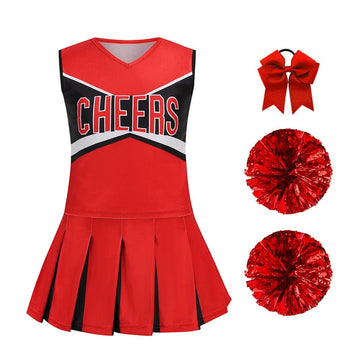 Lmyove Cheerleader Costume For Girls, Cheerleading Outfit For Kids With Pom Pom, Child Halloween Costume Dress Uniform, Red & Bl