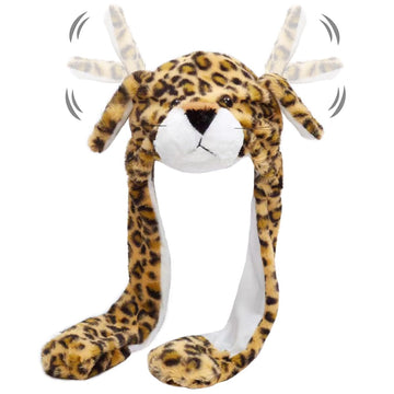 Ear Moving Jumping Hats Animal Plush Earflaps Movable Dancing Ear Hat Cap For Halloween Easter Christmas Novelty Party(Leopard)