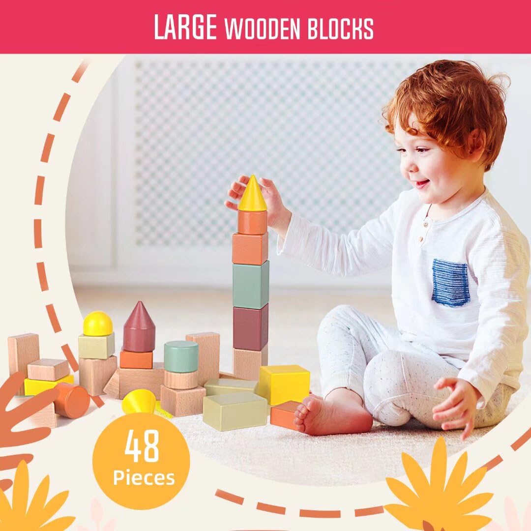 Migargle Large Wooden Building Blocks For Toddlers - Educational Preschool Learning Toys With Storage Bag, Innovative Shapes & Variety Colors To Build More Combinations (48Pcs)
