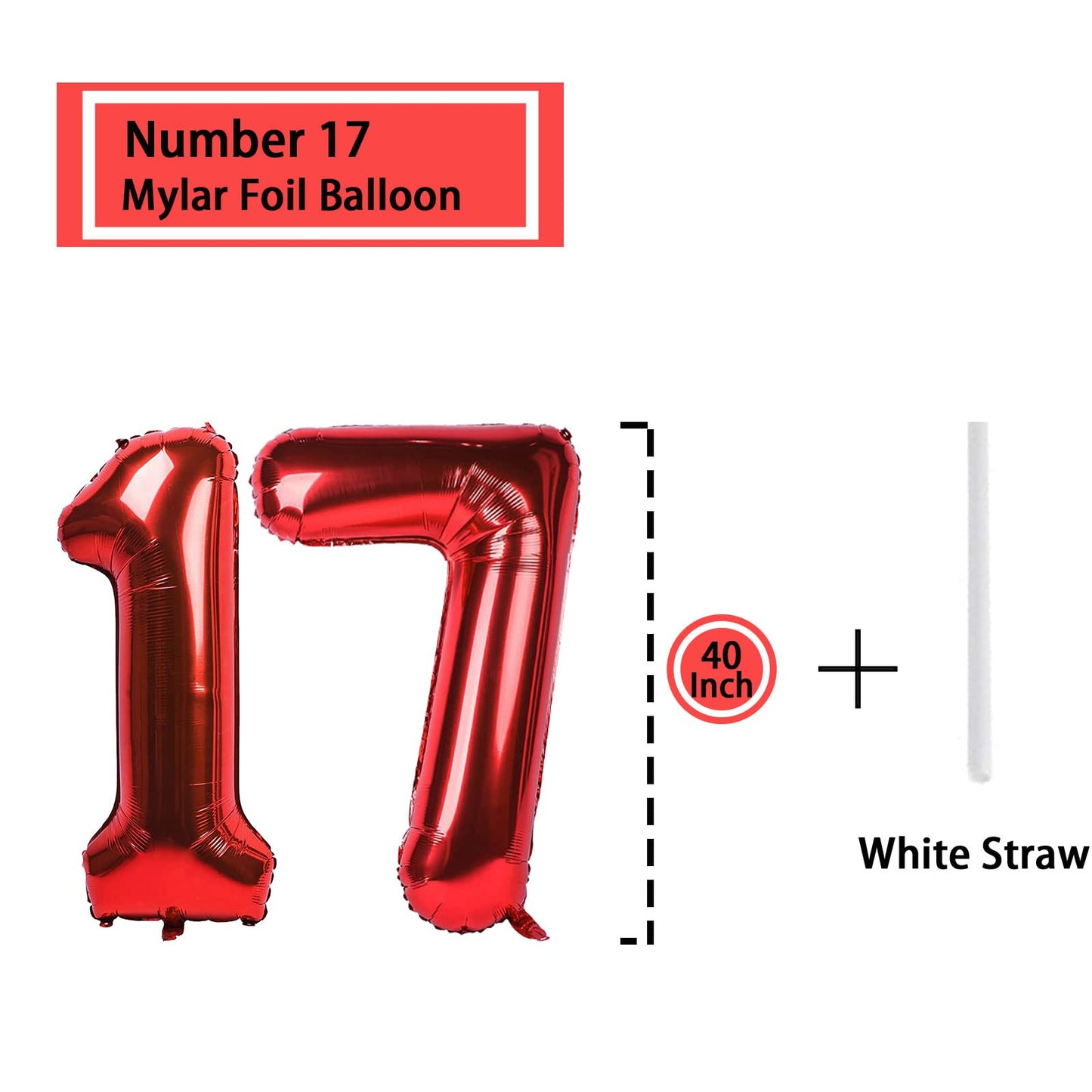 17 Number Balloon Red 40 Inch Big Foil Mylar 17Th Balloons For 17 Year Old Boy Girl Birthday Party Decorations Wedding Anniversa