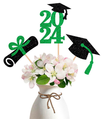 Alissar 15-Pack Double Sided Glitter 2024 Graduation Party Centerpiece Sticks Green- Table Toppers For 2024 Graduation Party Dec