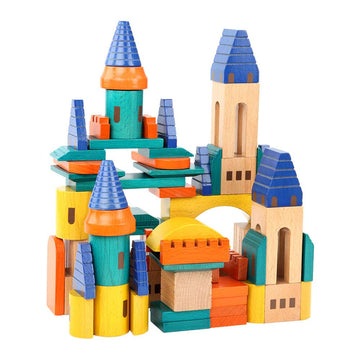 Wooden Castle Building Blocks Set, Big Solid Beech Wood Toddlers Stacking Block Toy, Kids Construction Playset For Boys Girls 69 Pieces Set
