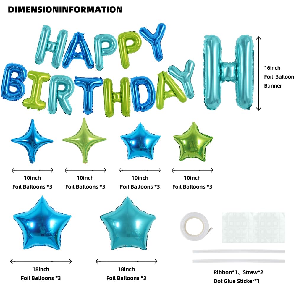 TONIFUL 35PCS Blue Green Happy Birthday Decorations Kit 16 Inch Happy Birthday Balloon Banner with Star Balloons Mylar Foil Birt