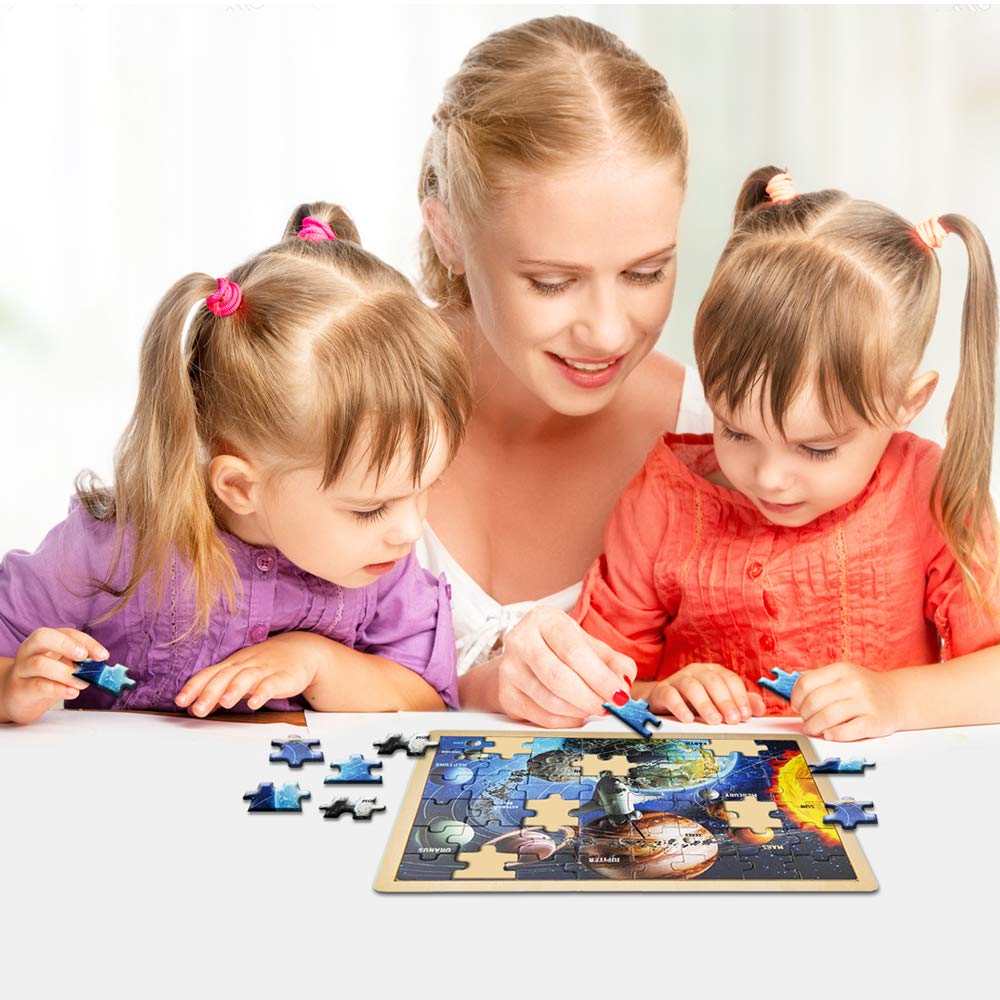 Gamie 48-Piece Wooden Space Puzzle For Kids With Storage Tray, Wood Solar System Puzzle For Boys And Girls, Educational Learning Toys, Best Stem Activities For Children