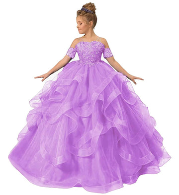 ZPVP Tulle Princess Girls Pageant Dress Tiered Ruffles Flower Girl Dress Beaded Appliques Wedding Party Costumes Lilac US6