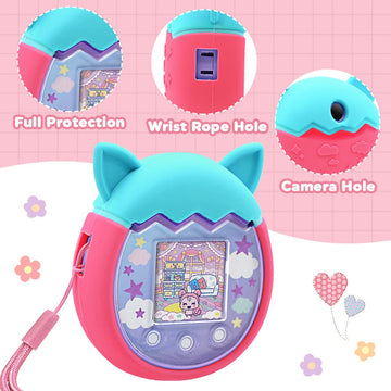 Winceed Silicone Case For Tamagotchi Pix Virtual Pet Game Machine, Protective Cover For Tamagotchi Pix Sleeve Protector Skin With Hand Strap (Turquoise+Pink)