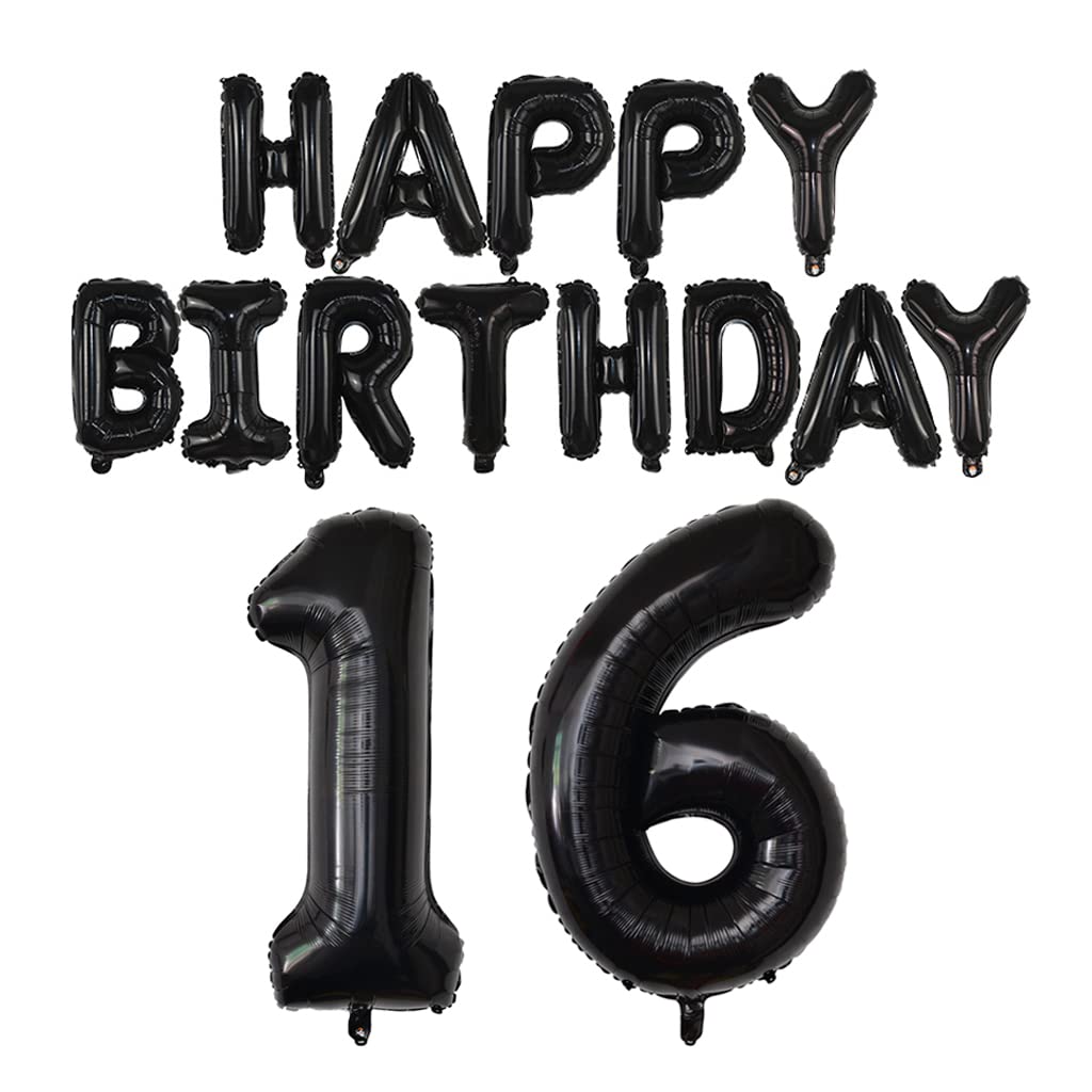 Happy Birthday Balloon Banner 40 Inch 16 Balloon Number 16 Inch Happy Birthday Letters Balloons Black Foil Mylar Balloons For 16