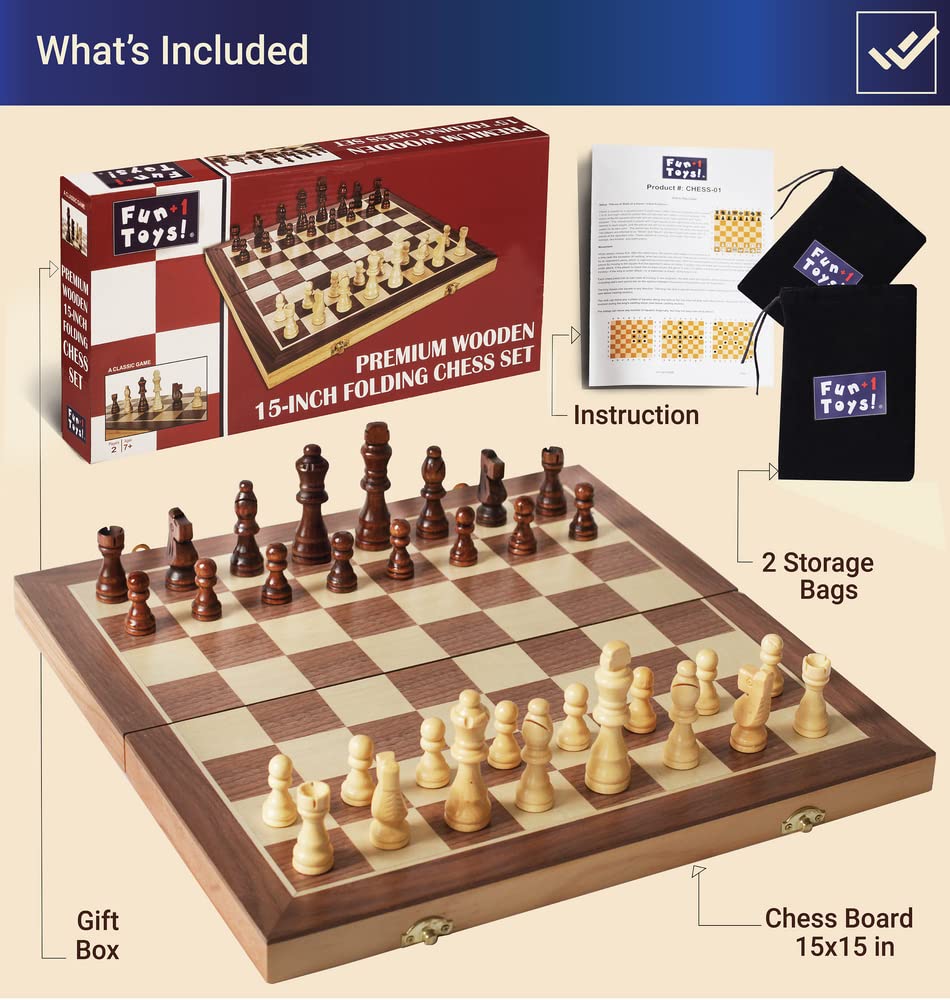 Fun+1 Toys! Wooden Chess Set For Adults And Kids, 15 '' Portable Chess Board Set With Chess Pieces & Drawstring Bag