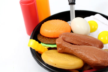 25 Pcs Play Food Kids Toy Set For Toddlers, Kitchen Cooking Toy Fast Food Pretend Play Toy Grill Set With Pan, Spatula & Sauce B