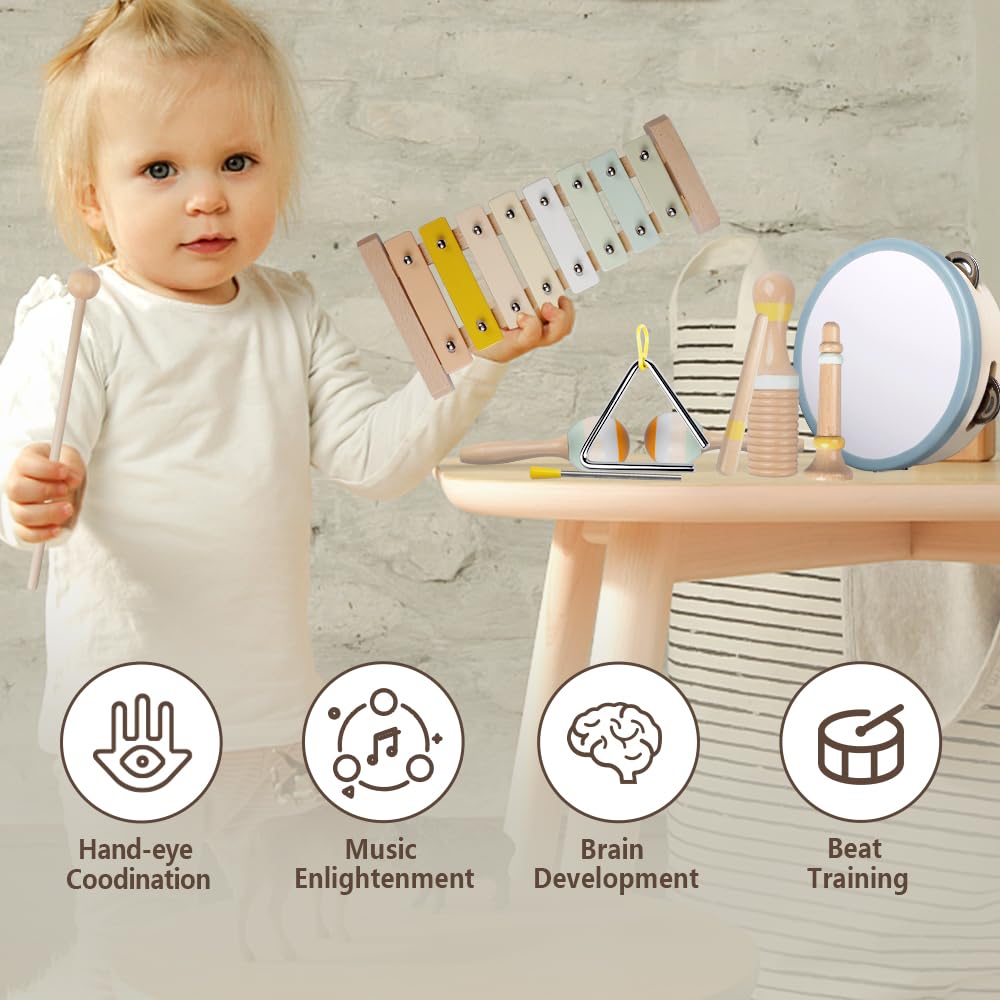 Baby Musical Instruments-Montessori Wooden Toys For Toddlers 1-3,Neutral Colors Percussion Instruments Set With Modern Boho Xylo