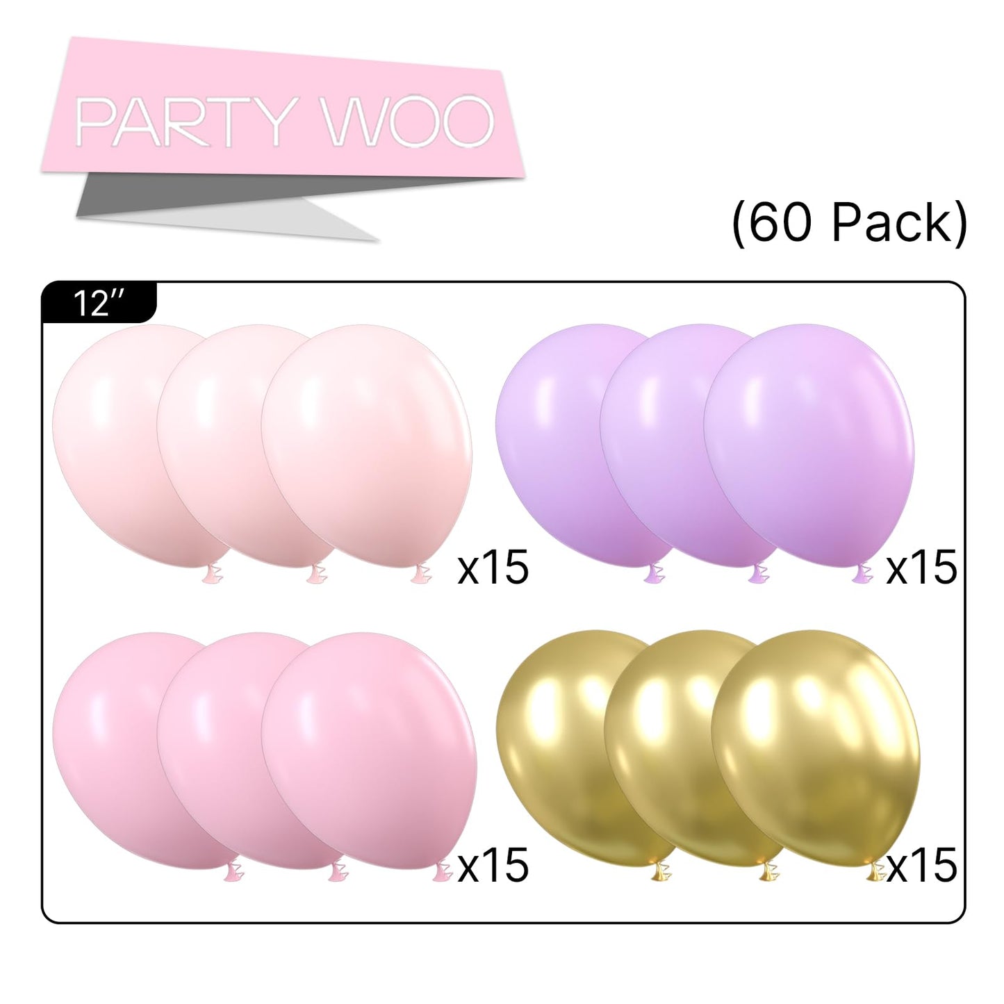Partywoo Purple Pink Gold Balloons, 60 Pcs 12 Inch Purple Balloons, Light Pink Balloons, Gold Metallic Balloons And Pink Balloons, Purple Pink Balloons For Princess Birthday Party, Purple Baby Shower
