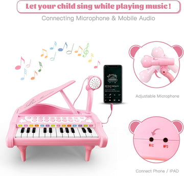 Love&Mini Piano Keyboard Toy For Girls - 24 Keys Toddler Piano Music Toy Instruments With Microphone, Pink Piano Toys For 1 2 3 Years Old Girls Birthday Xmas Gift