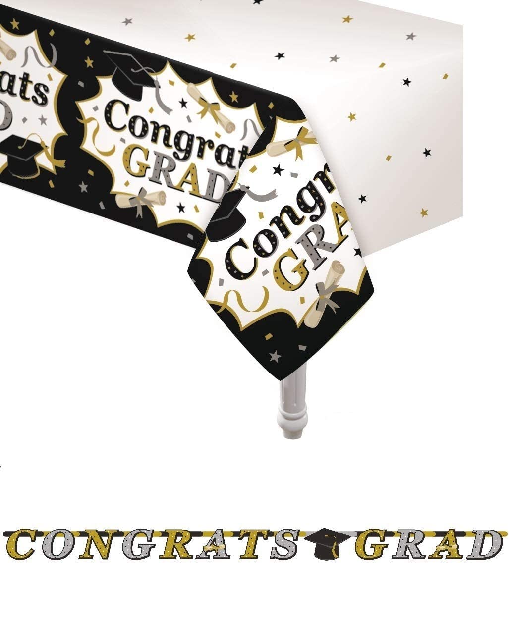 Oojami 3 Pack Black and Gold Graduation Tablecloths with Congrats Grad Banner - 54 x 108 | 2025 Graduation Party Supplies, Large