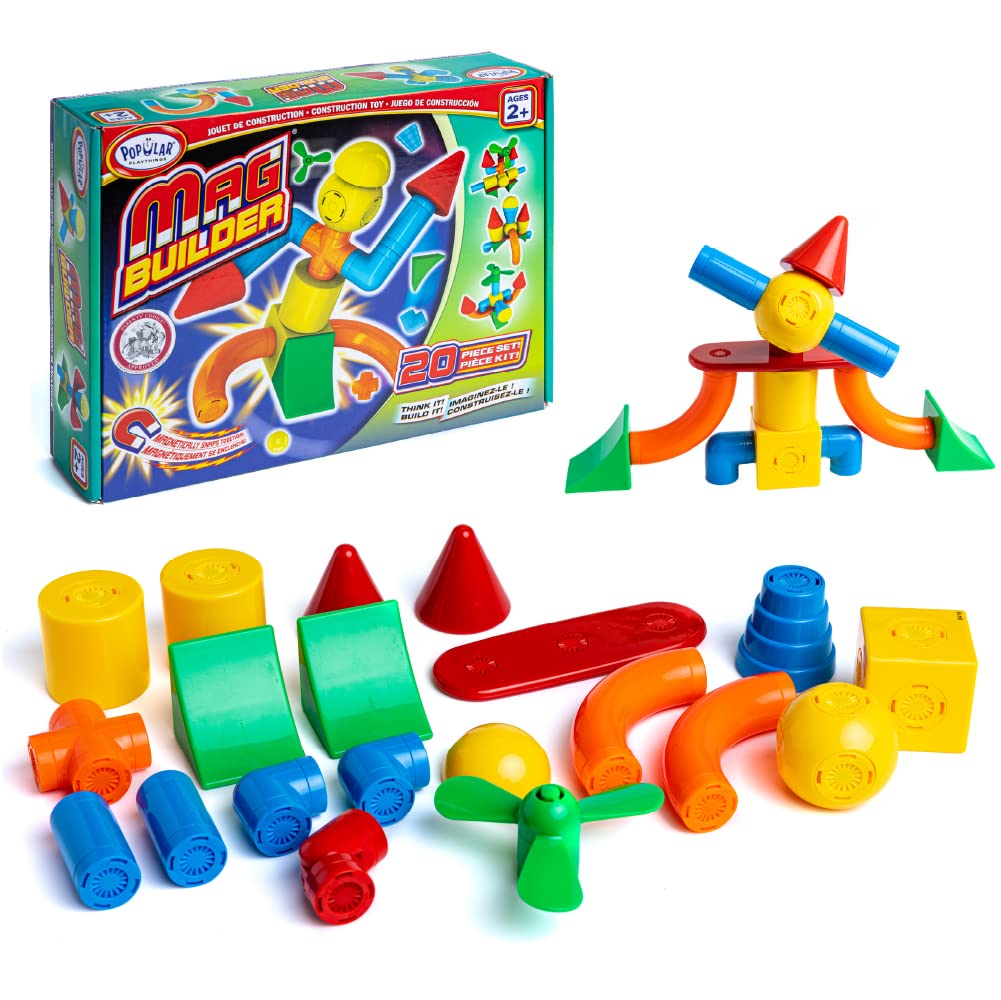 POPULAR PLAYTHINGS Mag Builder Set, 20 Pieces, Small, Multicolor, Model 18301, Magnetic Building Toys