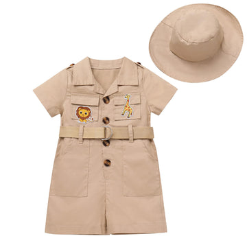Idopip Baby Girls Safari Outfit Wild Animal Jumpsuit + Hat Toddler Summer Birthday Party Clothes Set Overall Shorts Photo Shoot Bodysuit With Belt Khaki 12-18 Months