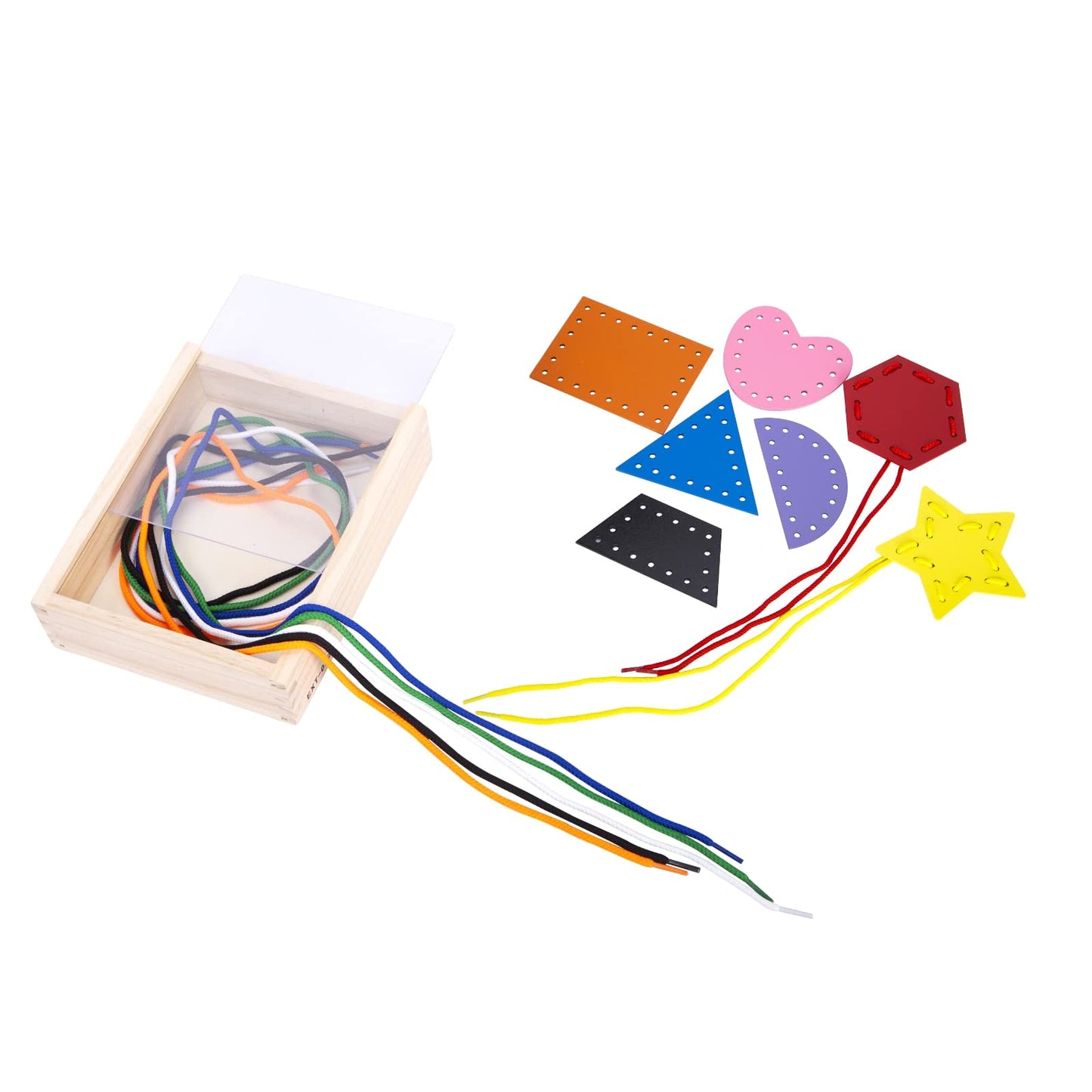EXPLORATOY Wooden Lacing Cards for Toddlers, Educational Montessori Toy, Multi-Color, 7 Pcs Double-Sided Shape Panels