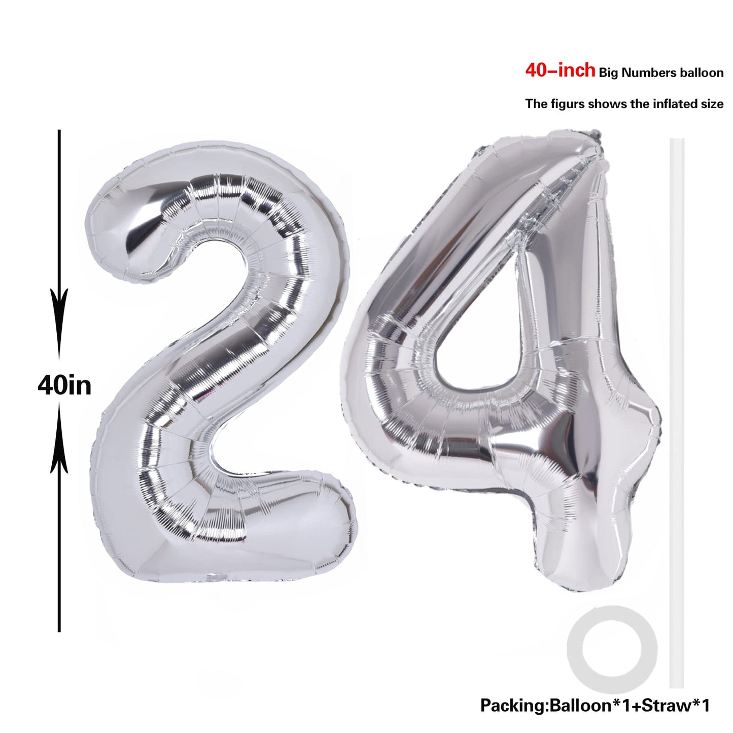 40 Inch Number 24 Balloon Silver Jumbo Giant Big Large Number 24 Foil Mylar Silver Balloons 42Th Birthday Party Anniversary Deco