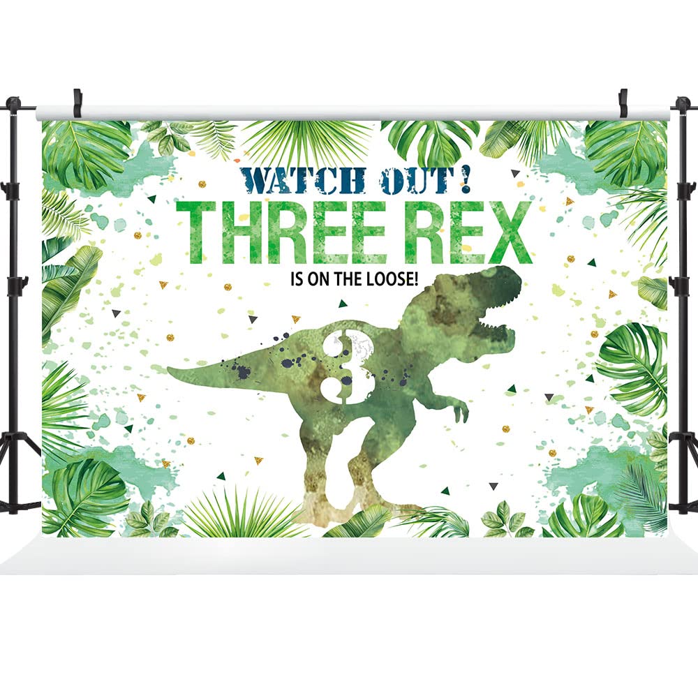 Hilioens Dinosaur Birthday Backdrop, 5'×3' Green Polyester Banner, 3rd Birthday Party Decorations, Model BK-068-WE
