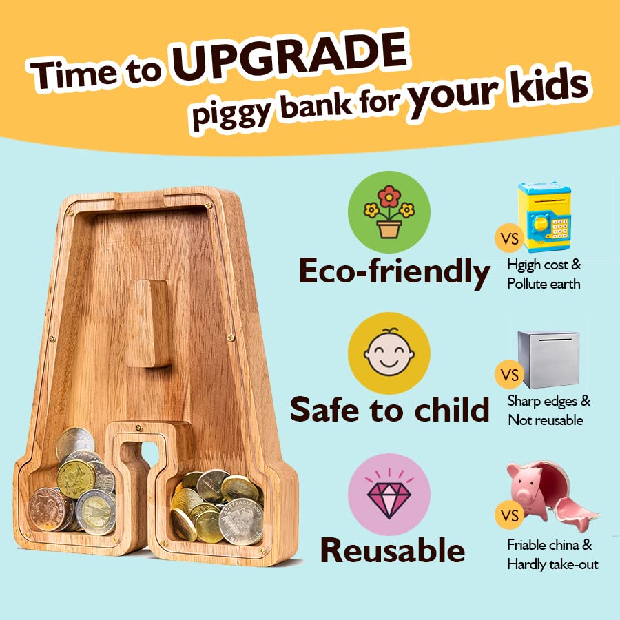 SummiDate Wooden Letter Piggy Bank for Kids| Piggy Bank for Boys Girls Toddler| Alphabet A Money Bank| Wood Coin Bank Personalized Birthday Easter Gifts for Kids (A)