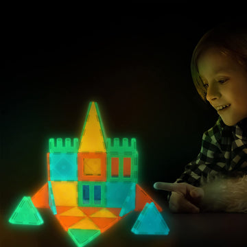 Tytan Tiles Glow In The Dark 60-Piece Magnetic Tiles Building Set, Diverse Multi-Color Shapes, Stem Toy, Cars, Creative Play, Storage Bag & Uv Keychain Flashlight For Drawing On Tiles, Ages 3 And Up
