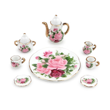 Dollhouse 1:6 Porcelain Tea Cup Sets 8 Pcs Set Miniature Ceramics Dollhouse Accessories Flower Pattern Teapot Platter Dish Sets 
