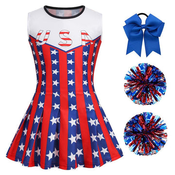 Lmyove Cheerleader Costume For Girls, July 4Th Cheerleading Outfit For Kids With Pom Pom, Child Halloween Costume Dress Uniform, Usa Star, 6-7T