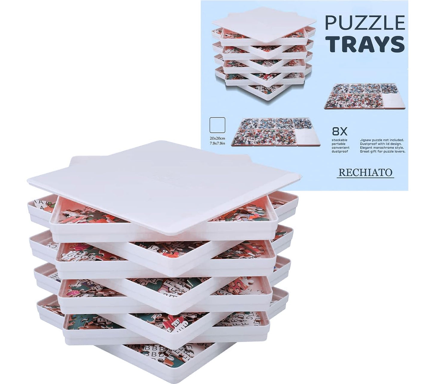 8 Puzzle Sorting Trays With Lid 8X8 Premiunm Puzzle Trays For Puzzle Lovers For Puzzles Up To 1000-1500 Pieces,Puzzle Tray, Convenient Tool For Puzzle Lovers (White)