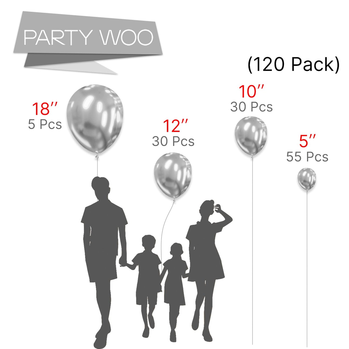 Partywoo Metallic Silver Balloons, 120 Pcs Silver Metallic Balloons Different Sizes Pack Of 18 Inch 12 Inch 10 Inch 5 Inch Silver Balloons For Balloon Garland Arch As Party Decorations, Silver-G102