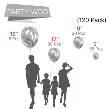 Partywoo Metallic Silver Balloons, 120 Pcs Silver Metallic Balloons Different Sizes Pack Of 18 Inch 12 Inch 10 Inch 5 Inch Silver Balloons For Balloon Garland Arch As Party Decorations, Silver-G102