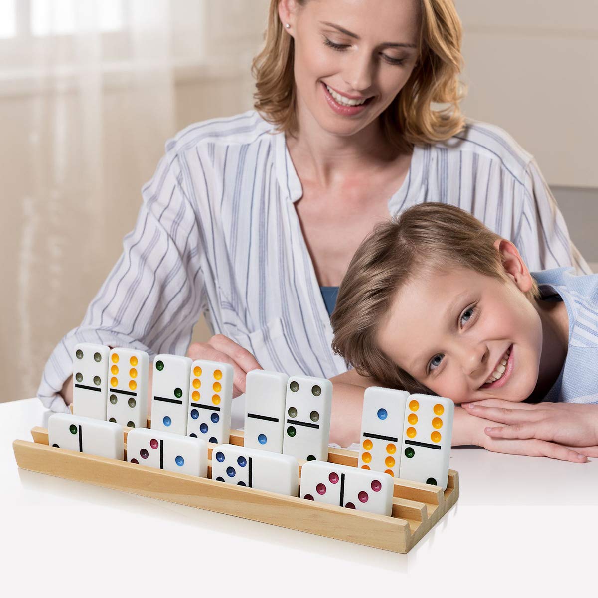 Exqline Wooden Domino Racks Set of 8 - Premium Organizer for Mexican Train & Chickenfoot Games - Woodgrain Color, Model DR-001