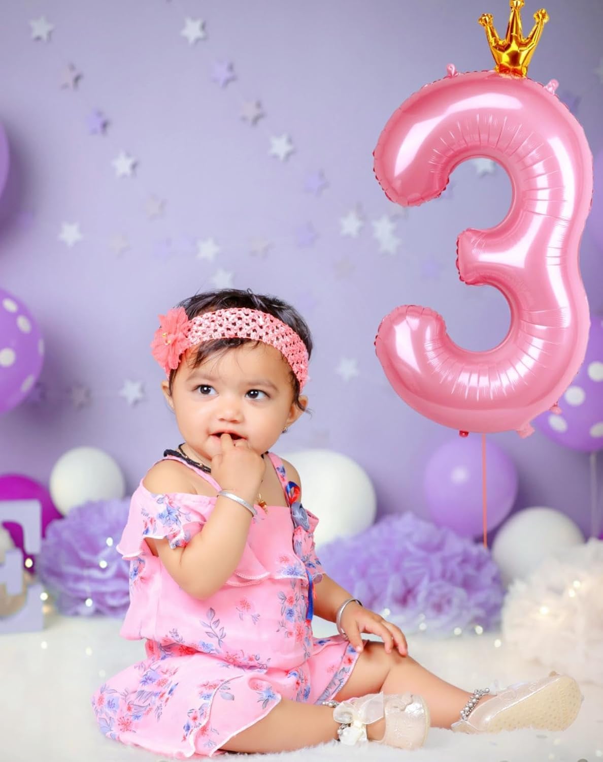 40 Inch Crown Pink Number 3 Balloon, Big Conjoined Baby Pink Foil Mylar Helium 3 Balloon For Girls 3Rd Birthday Party Decoration