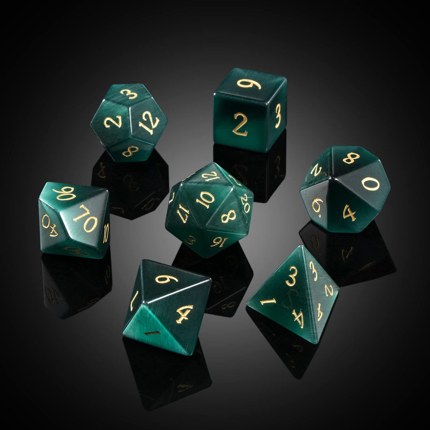 DNDND Cat's Eye Gemstone Dice, 7 PCS Green Stone Dice with Grogeous Gift Case for DND Dungeons and Dragon Tabletop Game (Green C