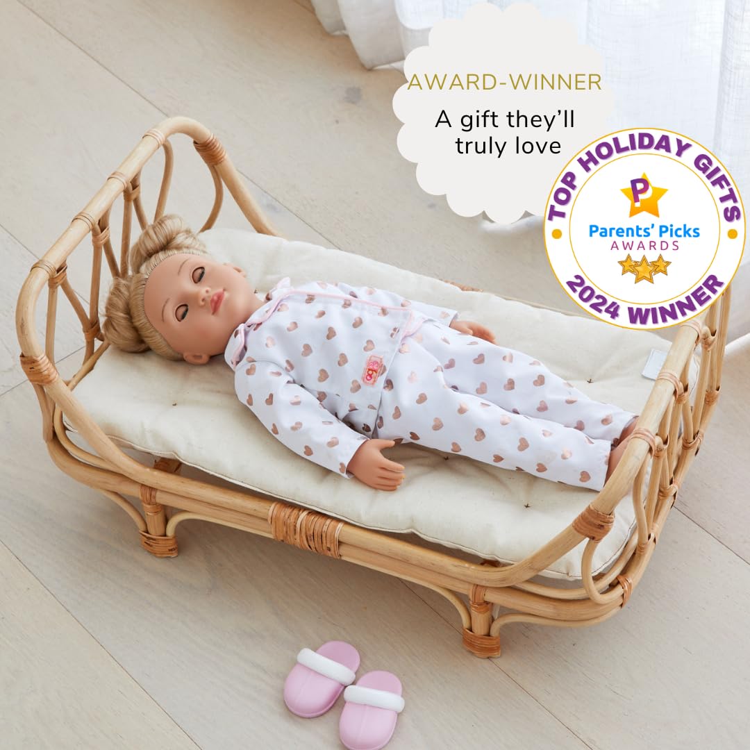 BEBE BASK Large enhanced Rattan Doll Bed 20 x 12 x 10- Handcrafted & Award-Winning - Sized for 18-Inch Dolls - Fits American Girl & Our Generation - Luxe Mattress - Baby Photoshoot Props (Large)