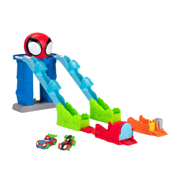SPIDEY AND HIS AMAZING FRIENDS Marvel Spideys Mega Jump HQ Track - 39-Inch Dual Race Track with Elevator  Control Centre  Web Tunnels and Two limited availability Amazing Metals Vehicles