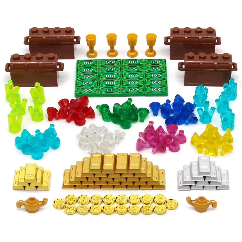 Feleph Treasure Accessories Money Building Blocks Set Jewel Chest, Gems Diamonds, Bullion Gold Tile Silver Bar, Power Crystals,