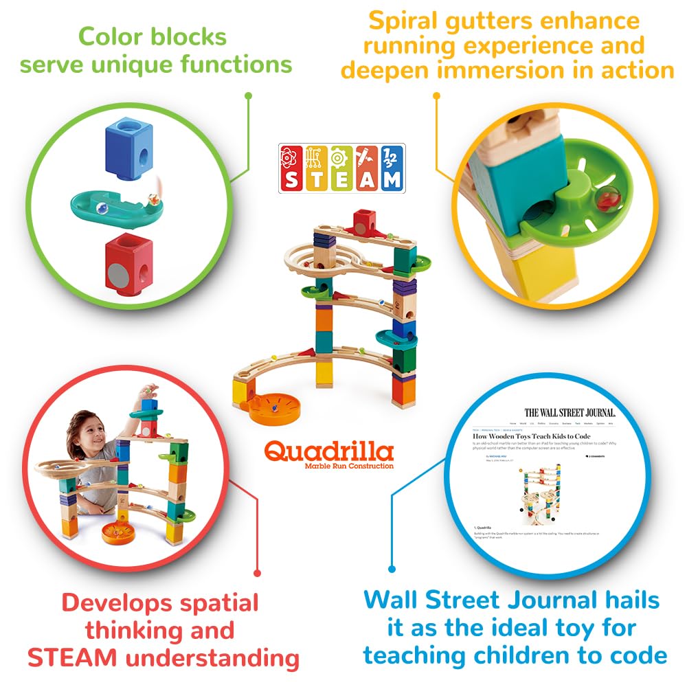 Hape Quadrilla Cliffhanger Wooden Marble Run Blocks | Marble Maze Run Set, Early Educational Stem Development Building Toys For