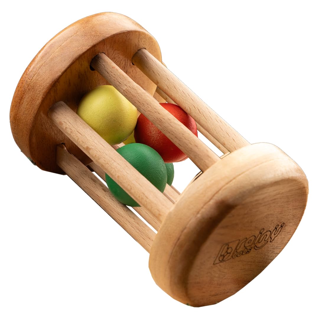 Brainytots Rolling Drum Rattle | Neem Wood Rattle | Montessori Inspired Educational Toy | Improves Fine And Gross Motor Skills |