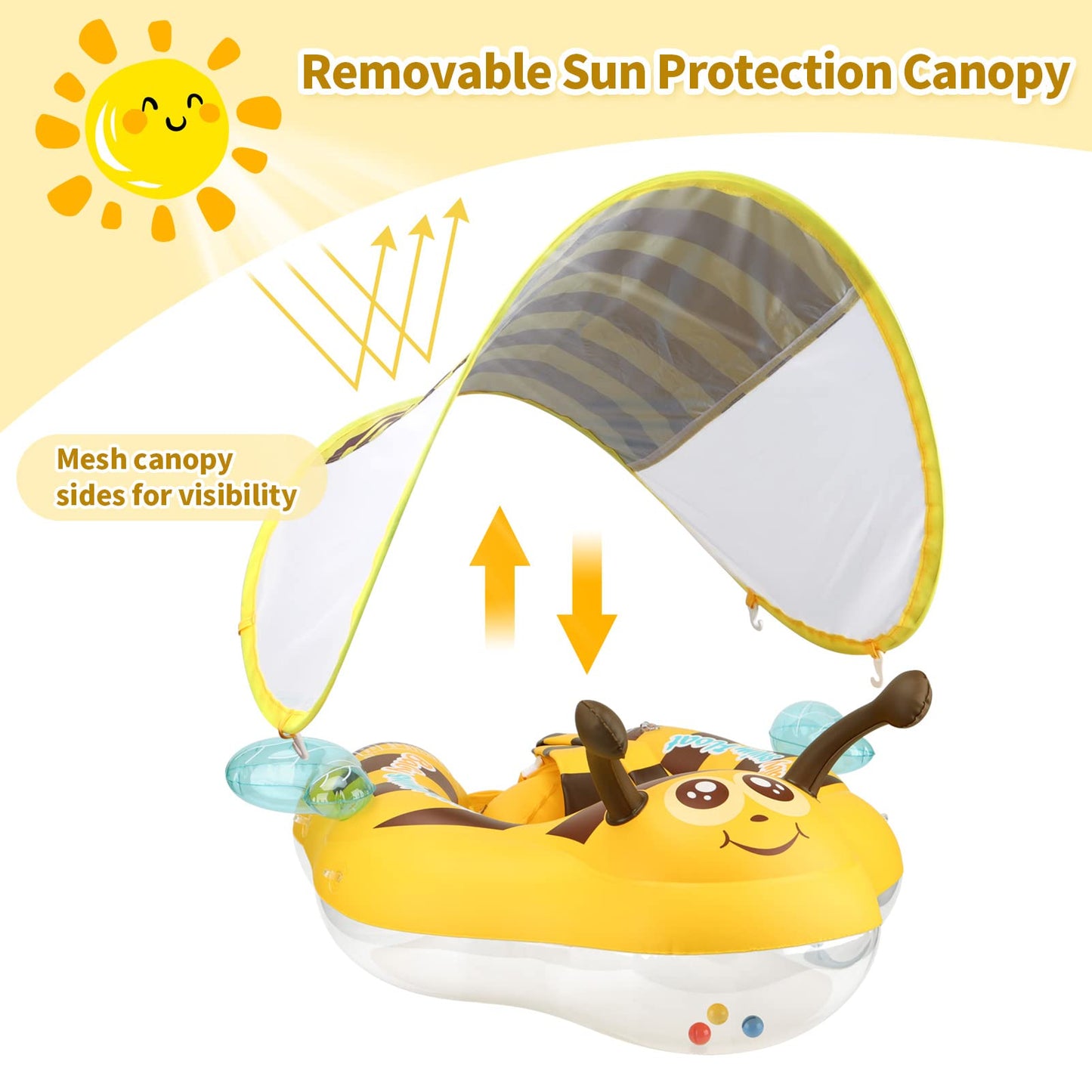 Free Swimming Baby Inflatable Baby Pool Float Ring Size Improved Bumble Bee Toddler Swim Trainer With Canopy For Age Of 3-36 Mon