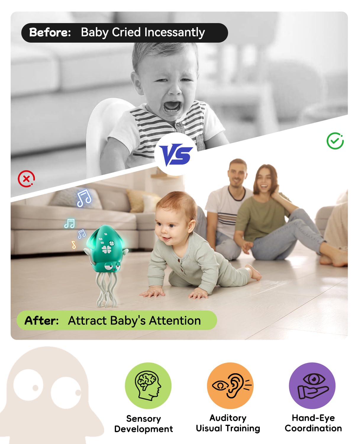 Electric Crawling Dancing Octopus Toy - LED Lights & Music, USB-C Rechargeable Tummy Time Toy for 36 Months-6 Years Toddlers, Bo