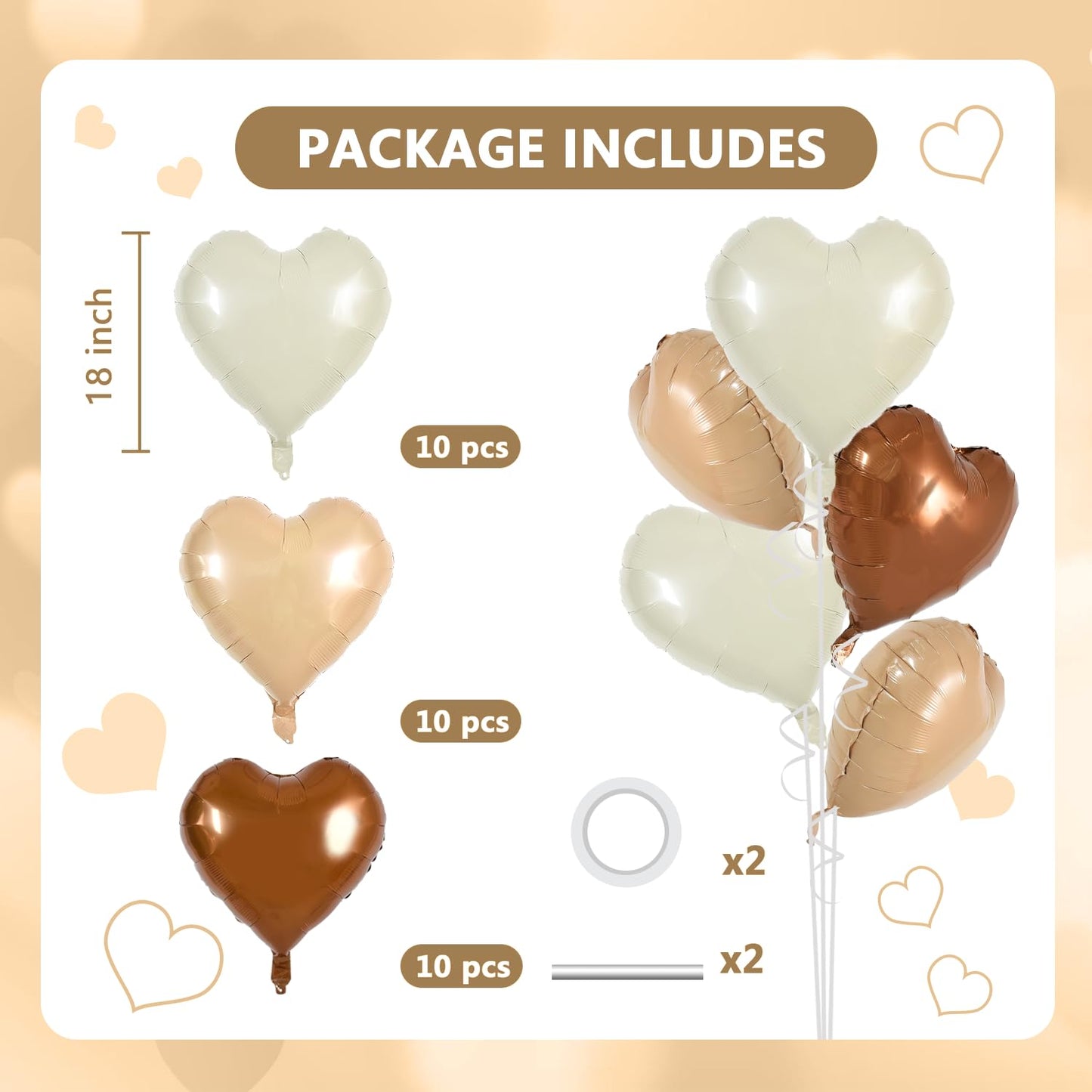 TONIFUL 30Pcs 18 Inch Cream White Heart Balloons Light Brown Coffee Heart Shape Foil Balloons Decoration for Birthday Valentine