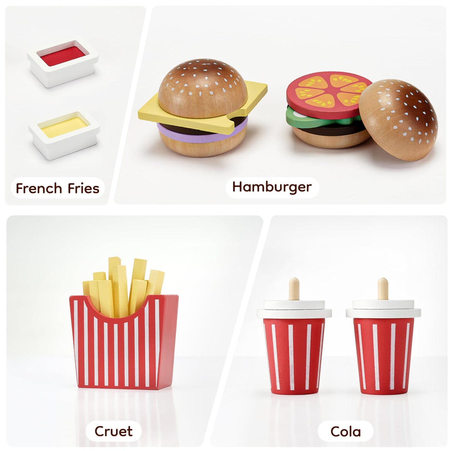 Pillowhale Wooden Play Food Toy For Kids Pretend Play Kitchen Accessories For Toddlers Wooden Play Fast Food Hamburger Set Educa
