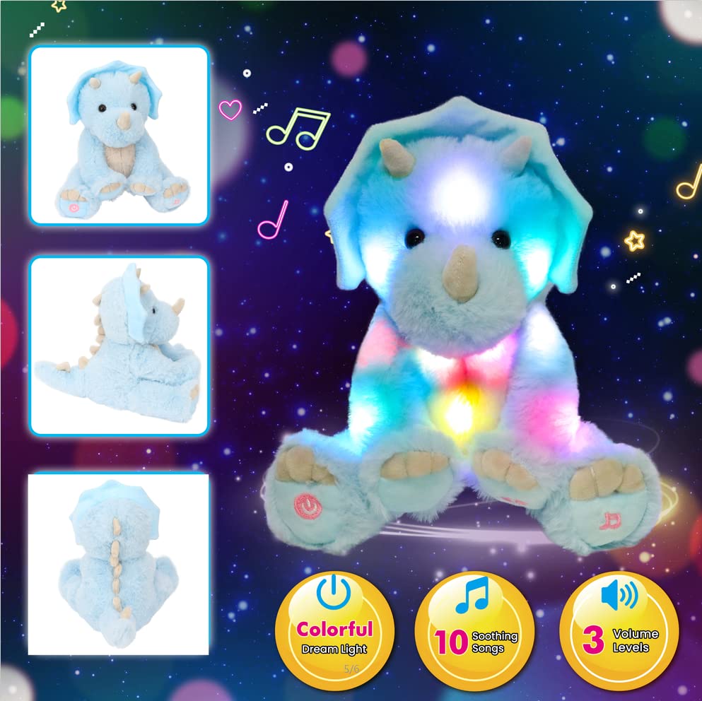 Cuteoy Blue Triceratops Led Musical Stuffed Animal Light-Up Singing Plush Dinosaur Adjustable Volume Lullaby Plushies Birthday Christmas Toy Gifts For Kids Toddler Girls, 13'