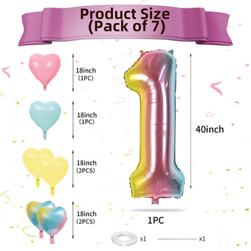 Biapian 40 Inch Rainbow Number 1 Balloons, 7Pcs Large Gradient Number One Balloon With Pink Blue Yellow Foil Heart Balloons For