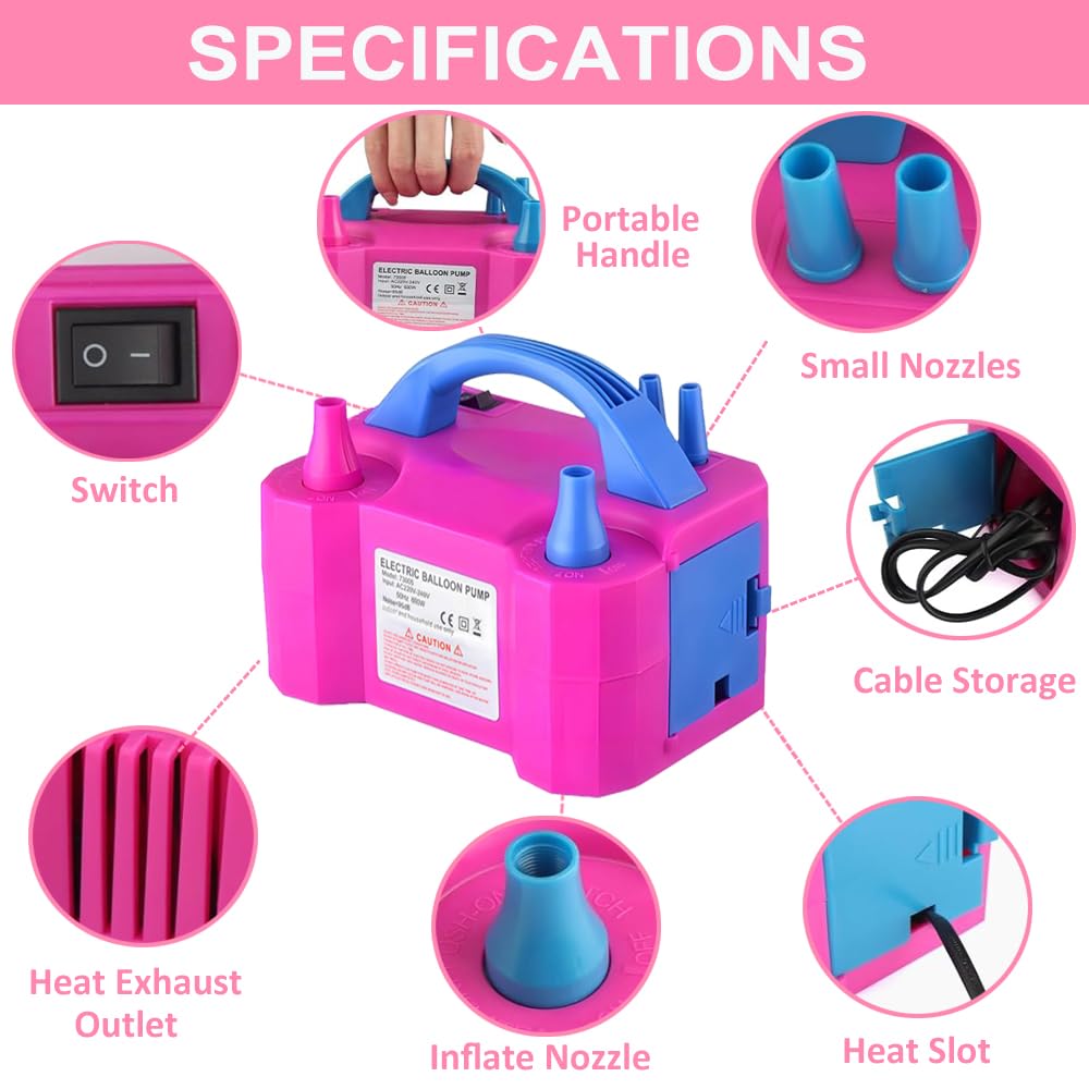 Electric Balloon Pump, Portable Dual Nozzle Balloon Blower Inflator With Balloons Tying Tools For Balloon Decoration Weddings Bi