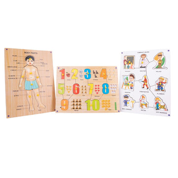 BUMTUM Wooden Body Parts, Number(110) & Community Helper Board Puzzle Games with Knob | Educational Learning Toys Board for Kid
