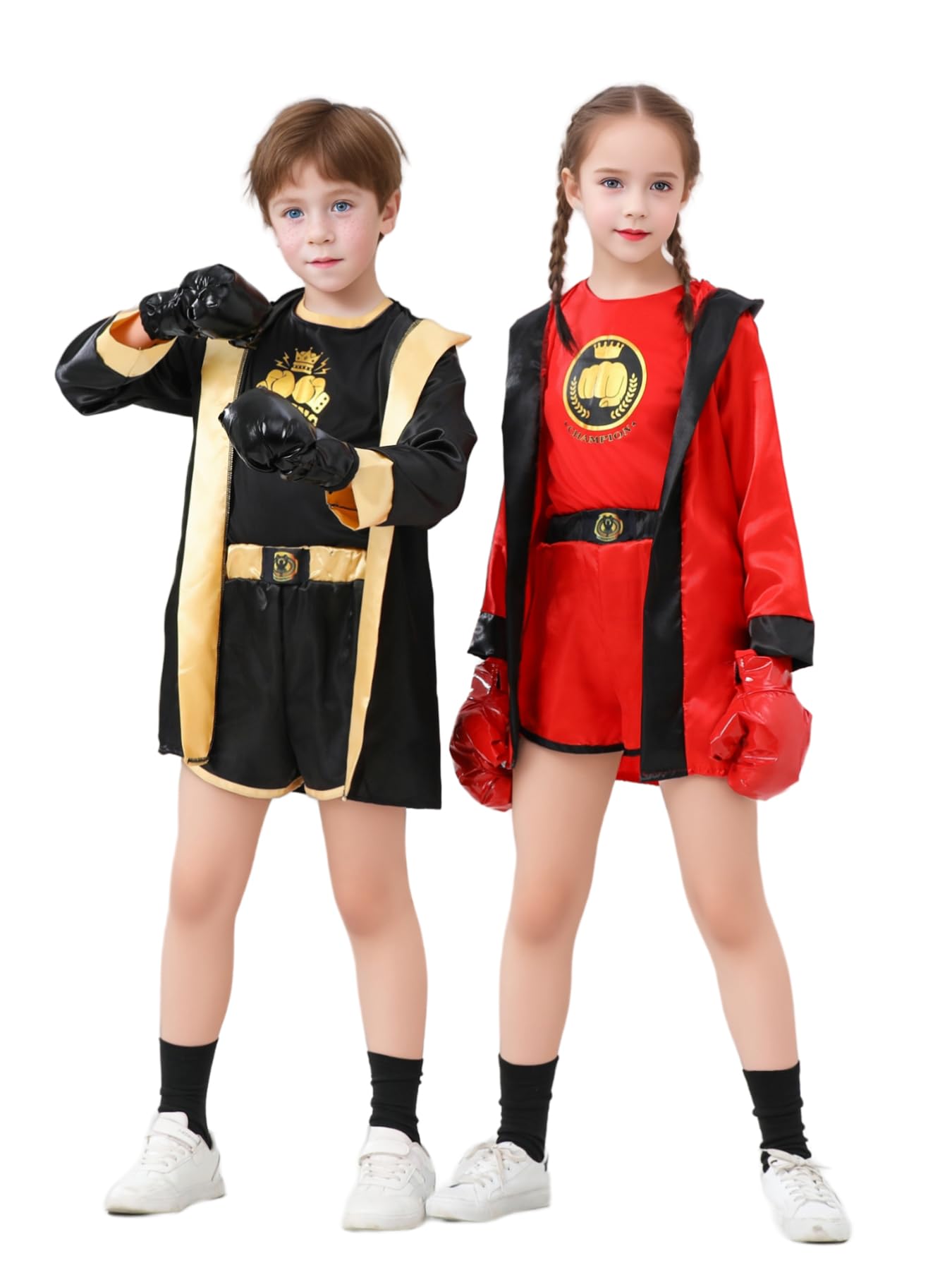 Child's 4 Pcs Boxing Champions Costume with Top, Shorts, Hooded Cape, Gloves Halloween Fancy Dress Boxer Uniform for Kids (Black
