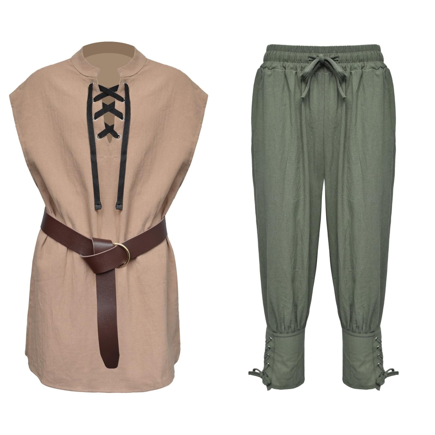 XonyiCos Boys Renaissance Pirate Set Medieval Sleeveless Lace Up Shirts & Belt and Ankle Pants Viking Scottish Halloween Kids Co