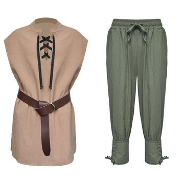 XonyiCos Boys Renaissance Pirate Set Medieval Sleeveless Lace Up Shirts & Belt and Ankle Pants Viking Scottish Halloween Kids Co